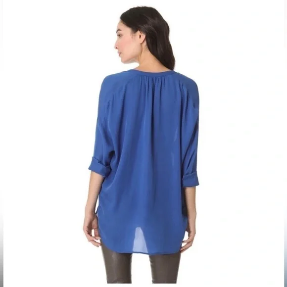VINCE Half Placket Popover Blouse 100% Silk Royal Blue - Picture 2 of 10